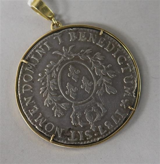 A French silver 1787 L-Ecu coin, in yellow metal pendant mount.